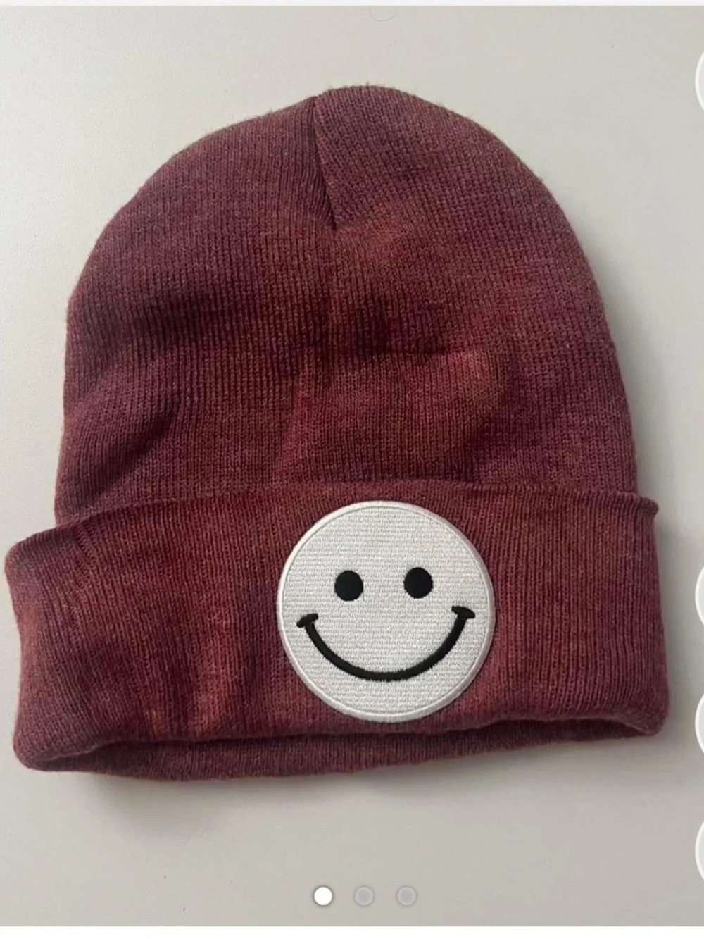 Burgundy Beanie with White Smiley Patch